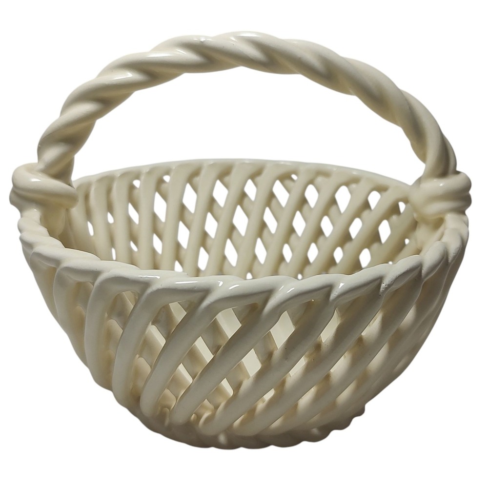 Vintage Woven Glass Basket Weave Twisted Handle Cream Springtime Five Inches SEE